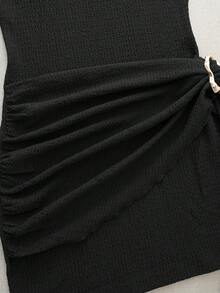 Olithes 时尚新款春夏约会之夜性感优雅修身高领金属扣褶皱无袖女式连衣裙 - 黑色 - 查看 8