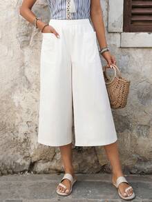 EMERY ROSE 女士纯色弹力腰阔腿宽松休闲七分裤夏季外出棉质长裤女士度假休闲裤夏季休闲裤女士阔腿裤白色长裤纯色女士阔腿裤女士夏季长裤阔腿夏季长裤女士阔腿七分裤 - 白色 - 查看 8