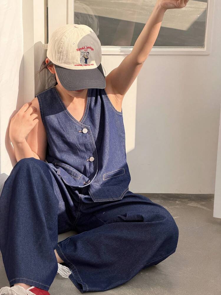 2pcs Tween Girls V-Neck Denim Vest & Wide Leg Jeans Set, Fall Outfit