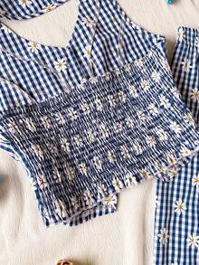 SHEIN 2pcs/Set Spring/Summer Teen Girls Elegant Casual Halter Shirt & Textured Print Wide Leg Pants Set, Suitable For Daily, Commute, Leisure, Vacation, Gathering, Beach - Blue - View 3