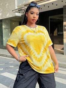 SHEIN EZwear 大码女式圆领短袖休闲扎染爱心T恤 - 黃色 - 查看 5