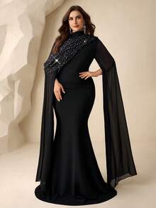 Coutiva Plus Size Elegant Mesh Patchwork Sequin Fishtail Hem Formal Evening Gown, Autumn Black Long Dress With Cape Black Formal Evening Gown Curve Formal Evening Gown Black Long Black Long  Formal Dress Black Long Formal Dress Valentines Dress Elegant Dress Sequin Dress Floral Dress  Graduation Ceremony, School Opening, Music Festival, Birthday Party, Wedding, Afternoon Tea Gathering, Ball - Black - View 3