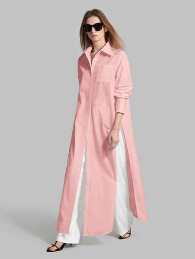Women's Solid Color Long Sleeve Single-Breasted Split Hem Long Shirt, Urban Commute Office Business Casual Elegant Formal Blouse, All-Season Versatile Modern Urban Fashion Business Casual Women's Wear Office Attire Understated Old-Money Style, Elegant And Sophisticated, High-Quality Commuter And Airport Women's Wear Bohemian Style Vacation Outfits Seaside Women's Clothing, Country Music Concert Style, Western Style Clothing, Nomadic Casual Fashion Boho Baby Pink