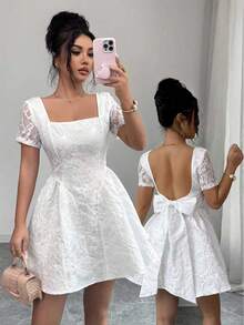 Rafferiza 复古性感撞色蕾丝露背蝴蝶结系带夏季新款小众女装 - 白色 - 查看 4