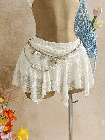 Soleia Women's Summer Solid Color Lace Asymmetric Hem Skirt