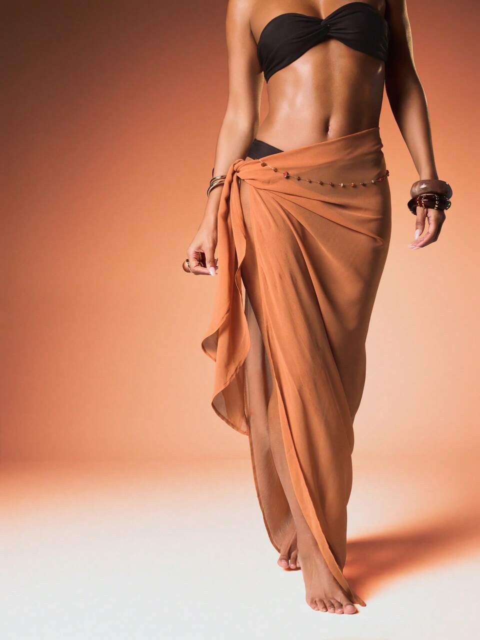 MISSGUIDED Chiffon Beach Cover Up Maxi Skirt With Chain Belt Detail Wrap Style Beachwear Sarong