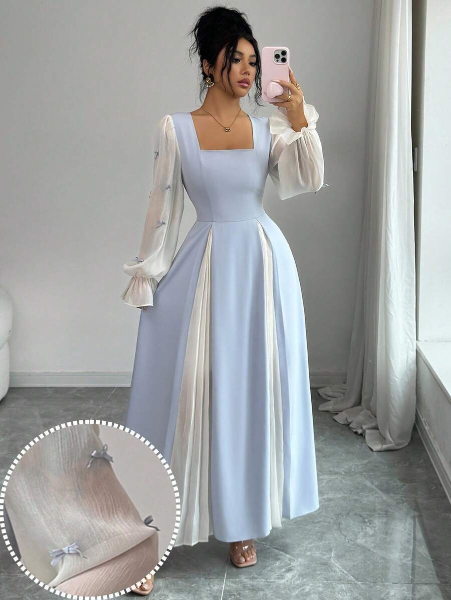 Feyla Women's Elegant Party Color Block Bow Decor Dress