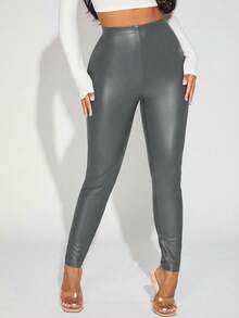 SHEIN Tall CURVE Plus Size Solid Color High Waist Slim Fit Casual Leggings - Grey - View 4
