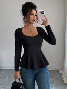 Elenzga Áo thun nữ dáng ôm, cổ tim, viền bèo nhún, size tiêu chuẩn, thanh lịch, thích hợp cho mùa xuân/hè. - màu đen - Xem 1