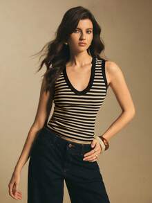 Poéselle 女士V领无袖修身条纹休闲背心，夏季百搭 - 彩色 - 查看 5