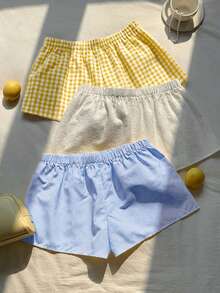 Comfortcana 3件套女士纯色、格子、条纹简约休闲短裤套装 - 彩色 - 查看 2