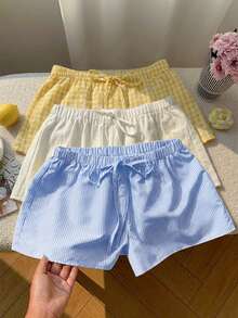 Comfortcana 3件套女士纯色、格子、条纹简约休闲短裤套装 - 彩色 - 查看 3