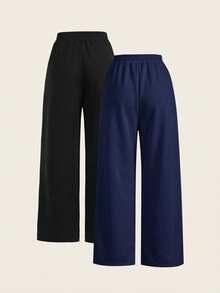 SHEIN PETITE CURVE 2pcs Plus Size Women Casual Solid Color Drawstring Waist Loose Wide Leg Pants, Versatile For Daily Commute - Blue - View 2