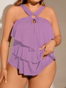 Swim Lushoire Plus Size Ruffle Trim Halter Top And Triangle Bottoms Tankini Set - Mauve Purple - View 4