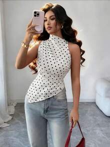 Rafferiza 女士红色波点修身不对称下摆吊带背心 白色优雅上衣 白色上衣 女士上衣 优雅波点上衣 黑白上衣 女士流行上衣 女士优雅上衣 女士休闲上衣 女士最新款上衣 新品上市 - 白色 - 查看 1