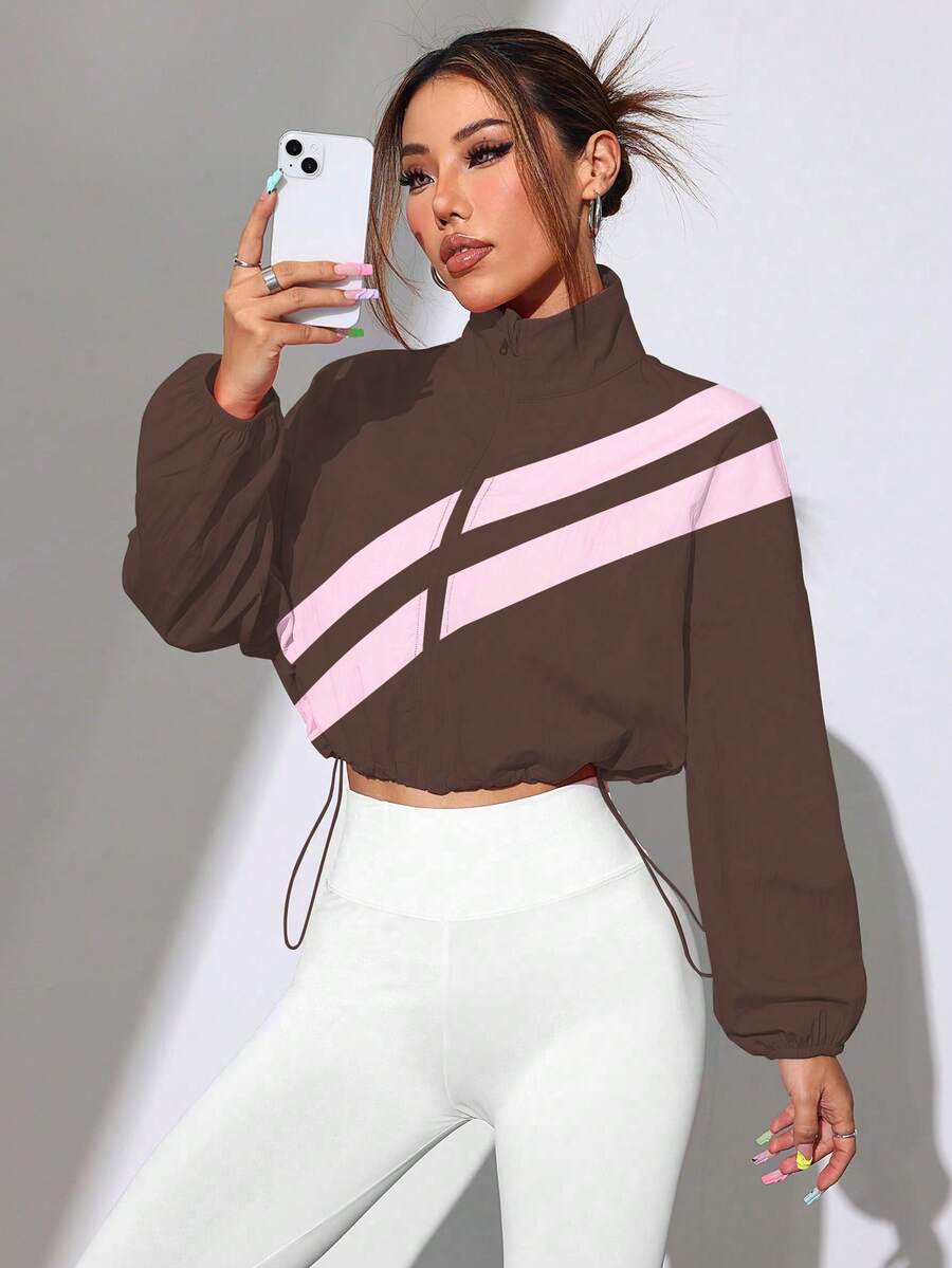 Gameset SHEIN Sport Colorblock Full Zip Drawstring Hem Sports Jacket, Spring/Autumn - Multicolor - View 1