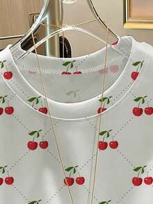 Resyla Camiseta corta de mujer casual de moda con estampado de cerezas en malla - Blanco - Ver 3
