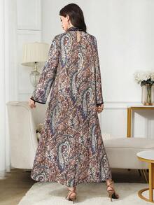 Yasmyna Conservative Vacation Retro Print Belted Women's Arabian Dress - Burgundy - View 6