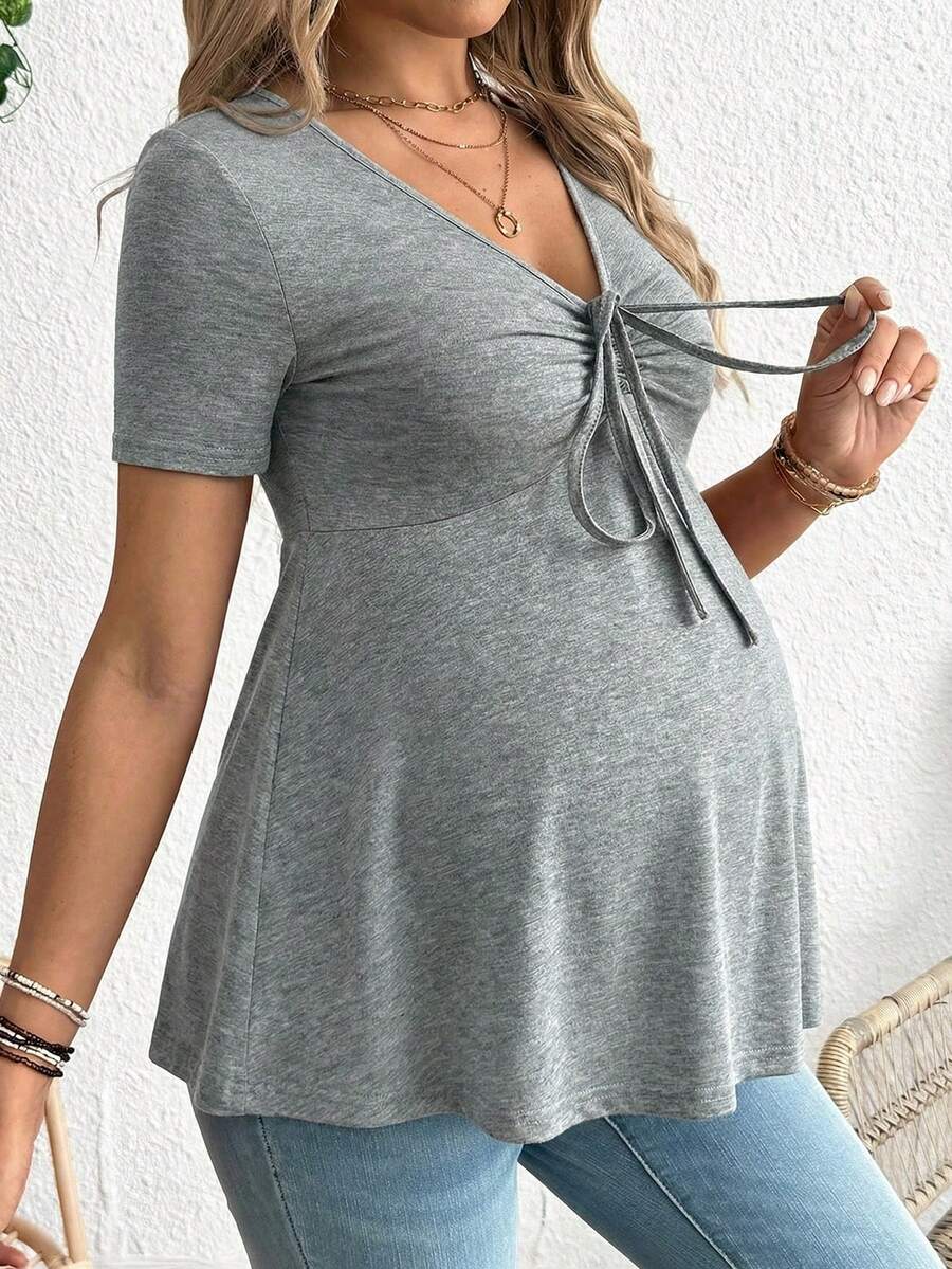 SHEIN Kaos Lengan Pendek Kasual Serbaguna untuk Wanita Hamil dengan Desain Lipatan dan Kerutan, Cocok untuk Sehari-hari di Musim Gugur. - Grey - View 1
