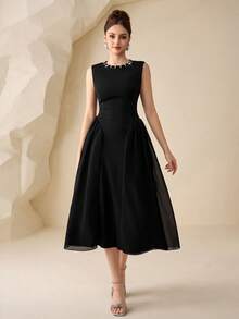Modelyn Gaun Chiffon Hitam Lengan Pendek Leher Bulat dengan Hiasan Mutiara, Pakaian Sehari-hari yang Elegan - Hitam - View 6
