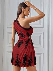 Firerie Vestido mini elegante y bohemio de mujer con estampado, sin mangas, plisado y calado, adecuado para la playa, vacaciones y viajes - Rojo - Ver 2