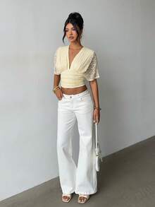 Aloruh Apricot Deep V Ruched Short Sleeve Tight Waist Women T-Shirt, Lacey Top, Blouses For Women New Crop, Womens Tops For Summer,Butter Yellow,Summer Top,Work Tops For Women,Office Attire For Women - Light Yellow - View 5