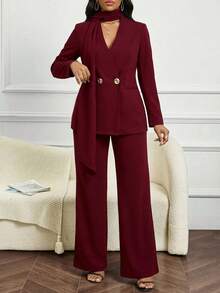 SHEIN Lady Women's Elegant Burgundy Office Summer Scarf Suit,Solid Color Double-Breasted Blazer Set And Classy Pant Suits 2 Pieces Sets For Women - Burgundy - View 5