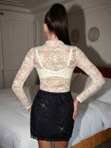 Lavishia Women's Sexy Sheer Lace Funnel Neck Long Sleeve Fitted Top, Spring/Summer - Khaki - View 2