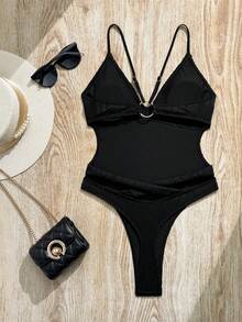 Swim SXY Women's Sexy Solid Color Backless Round Ring Criss-Cross Wavy Texture One-Piece Swimsuit, Suitable For Spring, Summer, Autumn Beach Vacation - Black - View 4