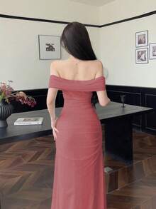Modelyn Women's Off Shoulder Ruched Waist Elegant Wedding/Occasion Dress - Coral Pink - View 2