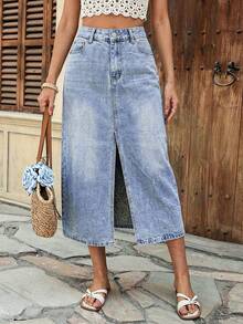 Brillora Women's Casual Everyday Washed Denim Slit Skirt - Light Wash - View 3