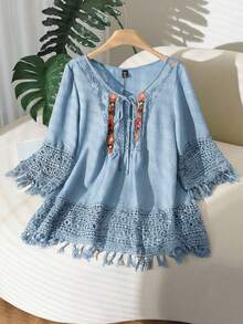 CosyJoli Plus Size Floral Embroidered Tassel Decor Elegant Tie-Front Blouse Fall - Baby Blue - View 2