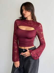 SHEIN Tall 女士性感优雅秋季酒红色蕾丝拼接修身镂空长袖T恤，秋季返校节上衣，酒红色上衣 - 酒紅色 - 查看 8