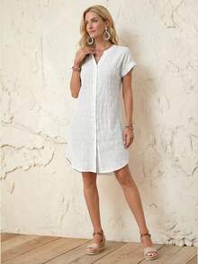 EMERY ROSE Women's Casual Solid Color Front Button Short Dress For Vacation - White - View 3