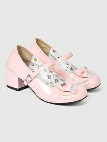 ROMWE Kawaii Women's Beige High Heel Closed Toe Mary Jane Oxfords With Chunky Heel, Bow Accent, Y2K Lace Gothic Style Valentine's Day - Pink shiny leather - View 1