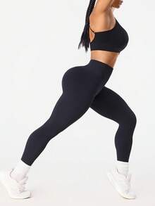 Seamluxe SHEIN Sport Quần legging thể thao nữ màu trơn, cạp cao, kiểu dáng thường ngày, đa năng. - màu đen - Xem 7