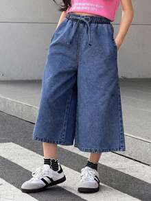 SHEIN 少女纯色扭结口袋休闲阔腿牛仔裤 - 中等水洗藍 - 查看 5