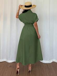 Rafferiza Đầm sơ mi nữ kiểu dáng thường ngày, cài cúc phía trước, tay raglan và thiết kế thắt eo. - xanh quân đội - Xem 2