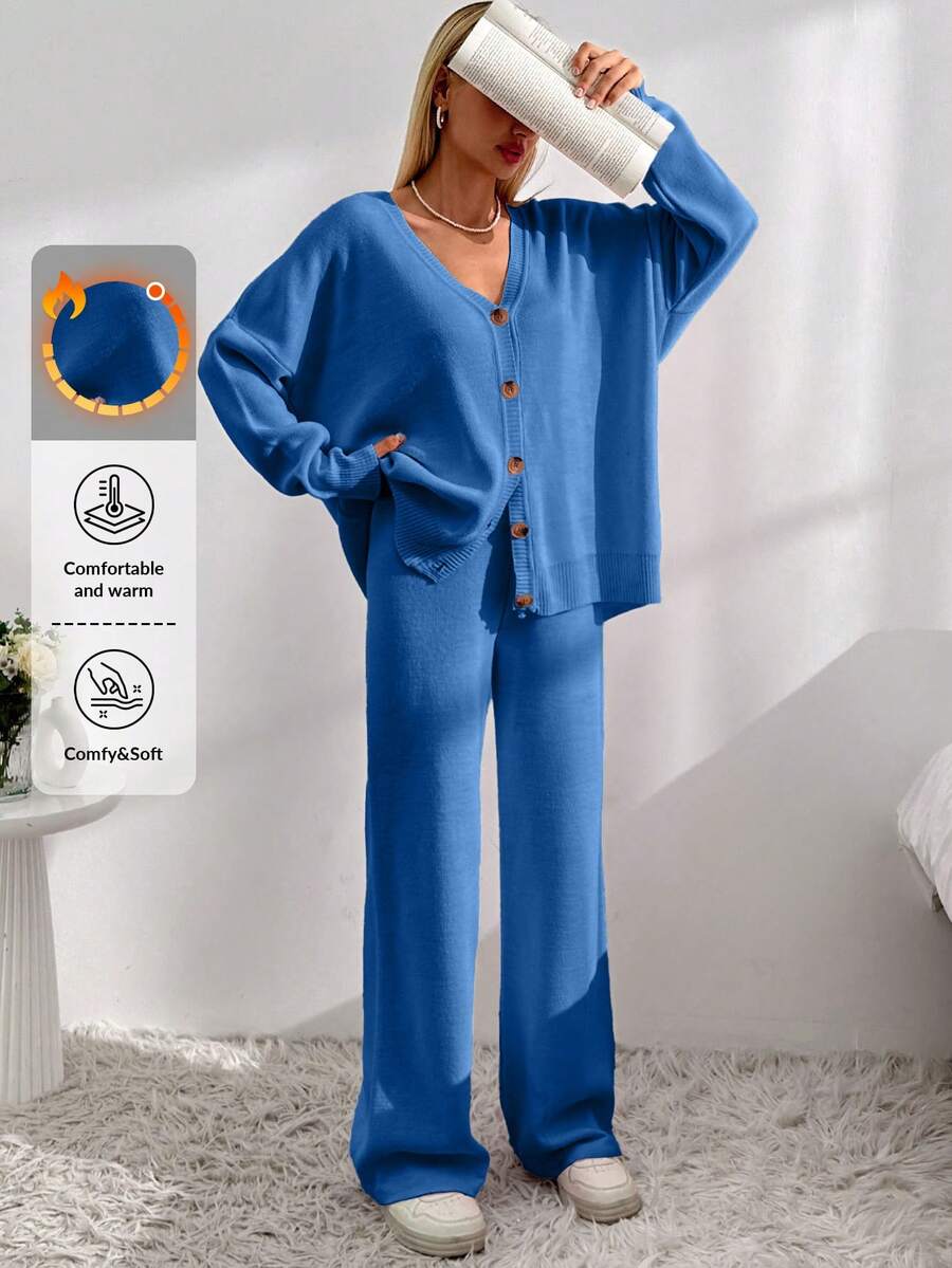 EURMUSE Drop Shoulder Cardigan & Tie Front Knit Pants - Blue - View 1