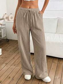 EURMUSE Quần ống rộng họa tiết có túi rút eo dành cho nữ, mặc thường ngày - Màu be - Xem 5