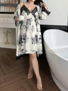 Dazy Plus Conjunto de lencería informal de talla grande para mujer con vestido camisola de encaje y estampado floral, y bata larga de frente abierto - Albaricoque - Ver 5