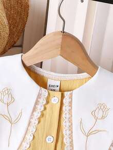 SHEIN Elladie kids Young Girl Lace Patchwork Front Button Contrast Color Ruffle Hem Short Sleeve Dress - Yellow - View 4