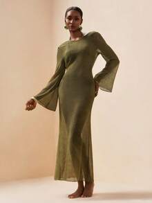 Zivah 2025款优雅独特袖沙滩罩衫连衣裙，休闲度假之选 - 軍綠色 - 查看 10
