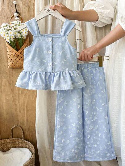 Vintaside Kids 女童舒适休闲常规厚度纹理仿刺绣前扣荷叶边下摆吊带背心和裤子宽松简约两件套，适合春夏外出、旅行、度假和日常穿着