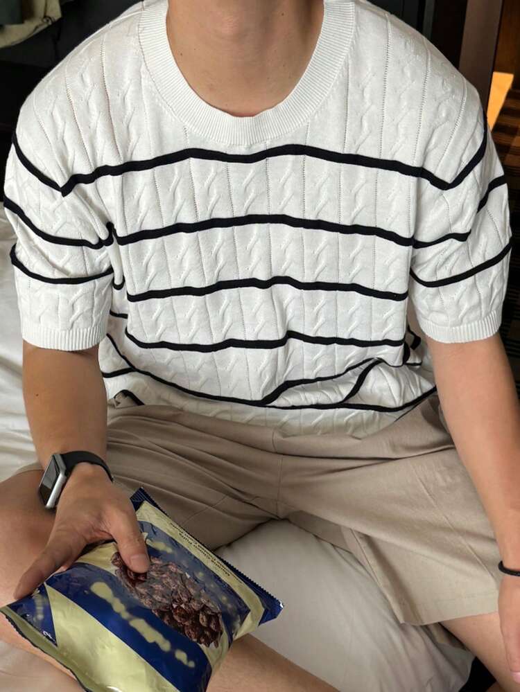 Men's Striped Crew Neck Short Sleeve Knit Top, Summer