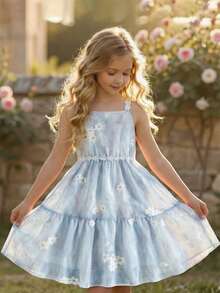 SHEIN Vintaside Kids 少女亮黄色纹理花卉吊带装饰夏季度假连衣裙 - 藍色 - 查看 4