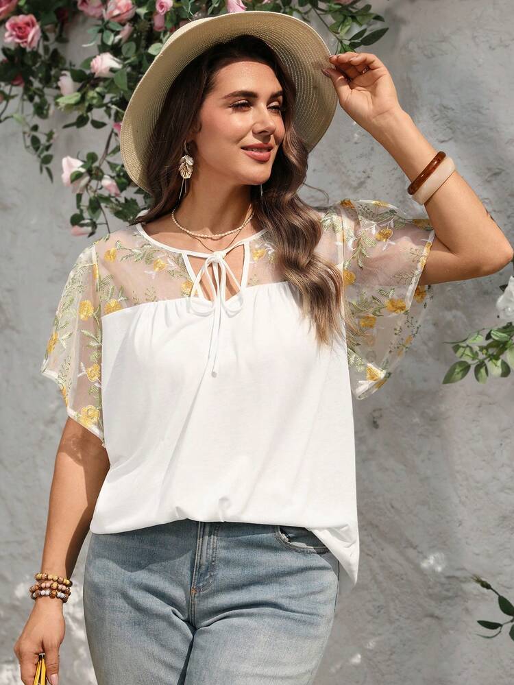 Plus Size Women Summer Casual Vacation Style Mesh Patchwork Floral Embroidery Twist Cutout Neck Loose Blouse Women Summer Blouse Top Summer Tops With Sleeve Summer Casual Tops Boho Summer Tops Bohemian Top