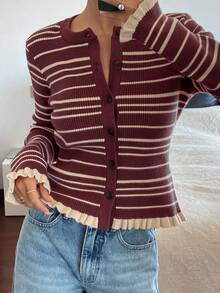 Livesso Women's Casual Striped Frill Trim Cardigan, Autumn/Winter - Burgundy - View 4
