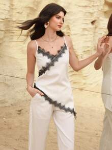 Modelyn Conjunto de 2 piezas de top camisola con escote en V y pantalones rectos con ajuste ceñido, con parches de encaje y bajo asimétrico, de estilo sexy y moderno - Blanco y Negro - Ver 5