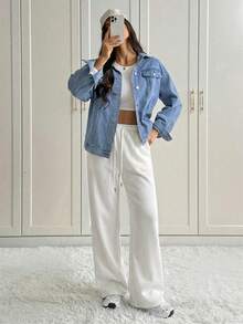 SHEIN Tall 女士休闲前系腰宽松运动裤，适合秋冬季节、日常穿着和返校季穿着 - 白色 - 查看 7